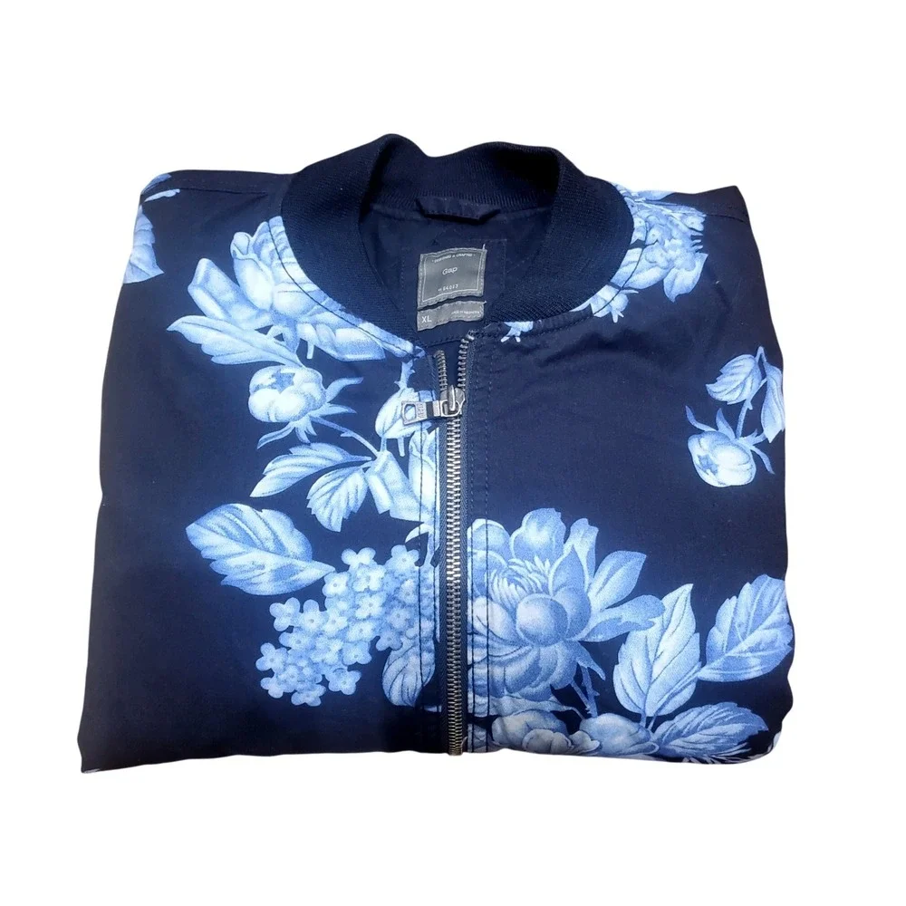 Gap Women Navy Blue‎ Floral Print Bomber Full Zip Jacket Lightweight Size XL